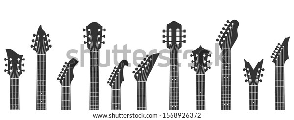 Guitar headstocks. Guitars necks,\
rock music and guitar peghead with tuning pegs. Acoustic and\
electric guitar neck silhouette isolated vector\
illustration