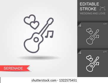 Guitar and hearts. Line icon with editable stroke. Linear serenade symbol