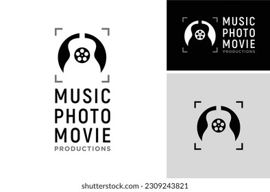 Guitar Hole, Film Reel and Camera Focus Lens Frame for Movie Cinema Photo Photography Music logo design inspiration