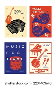 Guitar, horn, drum, banjo, piano. Music festival poster. Musical instruments. Competition.  A set of vector illustrations. Minimalistic design. Banner, flyer, cover, print.