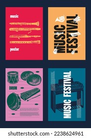 Guitar, horn, drum, piano. Music festival poster. Musical instruments. Competition. A set of vector illustrations. Minimalistic design. Banner, flyer, cover, print.