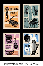 Guitar, horn, drum, piano. Music jazz festival poster. Musical instruments. Competition. A set of vector illustrations. Minimalistic design. Banner, flyer, cover, print.