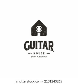 Guitar House Logo Design Retro Vintage. Guitar Shop Logo With Grunge Texture Antique Old Style
