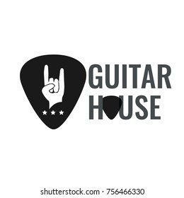 Guitar house music logo. Hand isolated plectrum shape. Best for music shop, music blog, music store