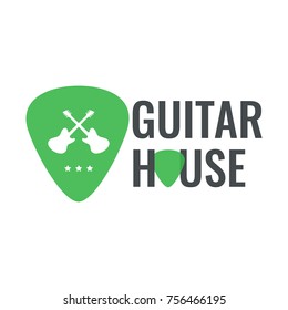 Guitar house music logo. Guitar neck isolated plectrum shape. Best for music shop, music blog, music store