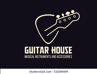Guitar house outline logo with bass guitar head in a plectrum shape