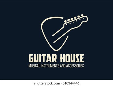 Guitar house outline logo with guitar head in a plectrum shape