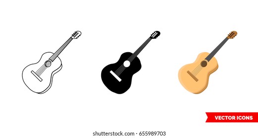 Guitar icon of 3 types: color, black and white, outline. Isolated vector sign symbol.