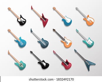 Guitar icon collection. Isometric popular string musical instrument different shape and kind design collection. Vector electric and acoustic guitar isolated icon illustration on white background