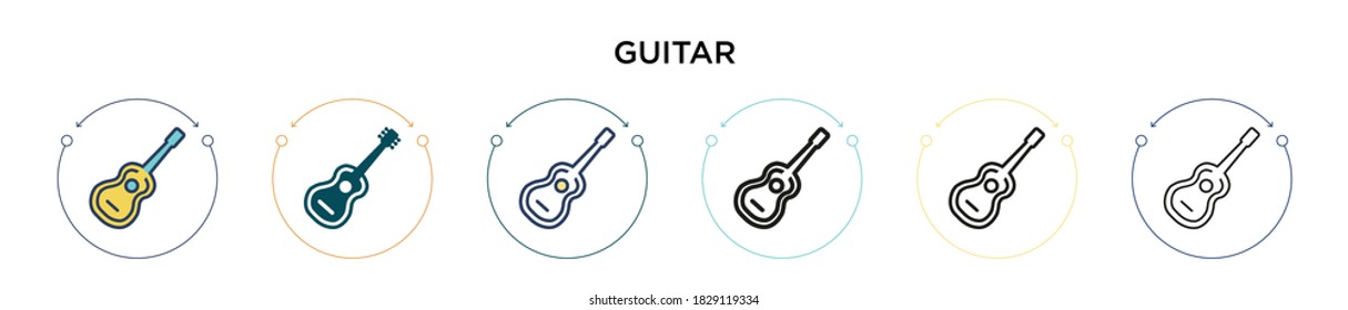 Guitar icon in filled, thin line, outline and stroke style. Vector illustration of two colored and black guitar vector icons designs can be used for mobile, ui, web