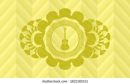 guitar icon inside Yellow stroke realistic emblem. Lemon handsome background. Artistic illustration. 