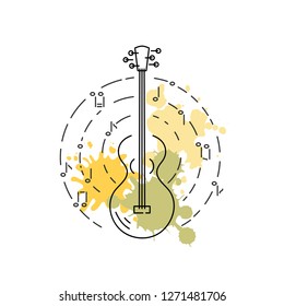Guitar icon isolated on background with painting splashes. Line style vector illustration