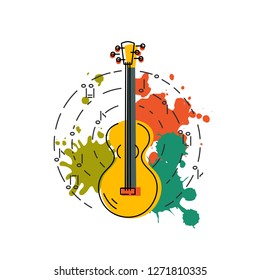 Guitar icon isolated on background with painting splashes. Flat and line style vector illustration.