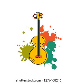 Guitar icon isolated on background with painting splashes. Flat and line style vector illustration.