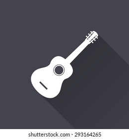 Guitar icon with a long shadow on a black background. Vector illustration.