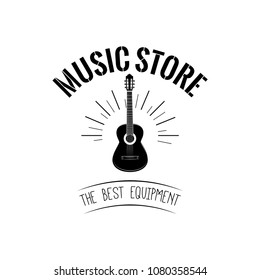 Guitar icon. Music store logo label emblem. Musical instrument. The best equipment lettering. Vector illustration