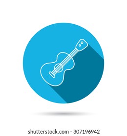 Guitar icon. Musical instrument sign. Band guitarist symbol. Blue flat circle button with shadow. Vector