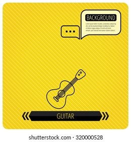 Guitar icon. Musical instrument sign. Band guitarist symbol. Chat speech bubbles. Orange line background. Vector