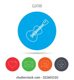 Guitar icon. Musical instrument sign. Band guitarist symbol. Mail, download and speech bubble buttons. Like symbol. Vector