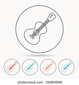 Guitar icon. Musical instrument sign. Band guitarist symbol. Linear circle icons.