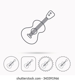 Guitar icon. Musical instrument sign. Band guitarist symbol. Linear circle, square and star buttons with icons.