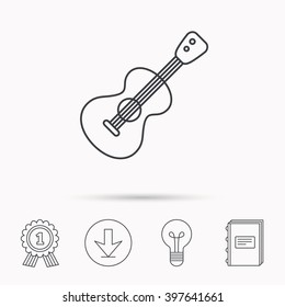 Guitar icon. Musical instrument sign. Band guitarist symbol. Download arrow, lamp, learn book and award medal icons.