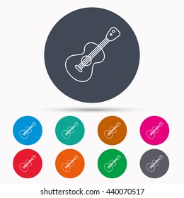 Guitar icon. Musical instrument sign. Band guitarist symbol. Icons in colour circle buttons. Vector