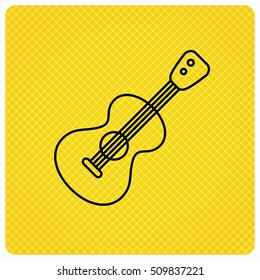 Guitar icon. Musical instrument sign. Band guitarist symbol. Linear icon on orange background. Vector