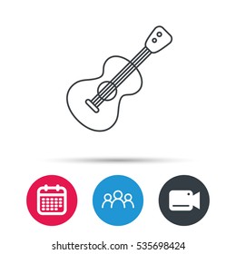 Guitar icon. Musical instrument sign. Band guitarist symbol. Group of people, video cam and calendar icons. Vector