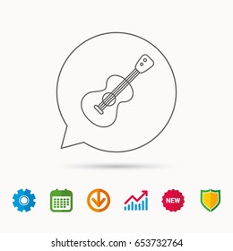 Guitar icon. Musical instrument sign. Band guitarist symbol. Calendar, Graph chart and Cogwheel signs. Download and Shield web icons. Vector