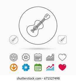 Guitar icon. Musical instrument sign. Band guitarist symbol. Calendar, Graph chart and Cogwheel signs. Download and Heart love linear web icons. Vector