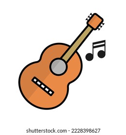 Guitar icon in performance. Guitar and music note. Vector.