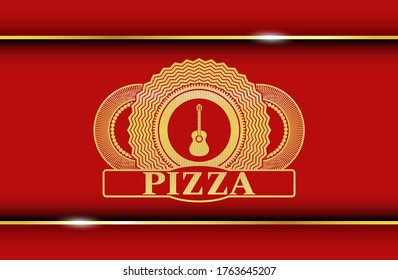 guitar icon and pizza text Red color and Gold realistic emblem. Traditional fashionable background. Illustration. 
