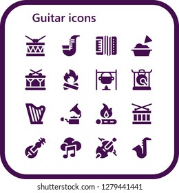  guitar icon set. 16 filled guitar icons. Simple modern icons about  - Drum, Saxophone, Accordion, Guacamole, Bonfire, Gong, Harp, Gramophone, Veena, Music, Cello