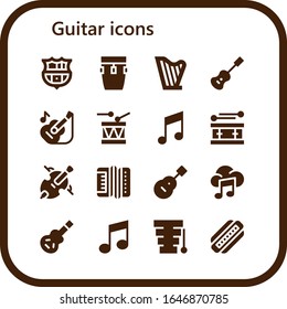 guitar icon set. 16 filled guitar icons.  Simple modern icons such as: Barcelona, Conga, Harp, Acoustic guitar, Drum, Music, Cello, Accordion, Electric Xylophone