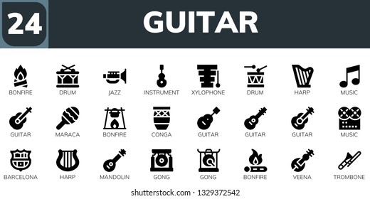 guitar icon set. 24 filled guitar icons.  Simple modern icons about  - Bonfire, Drum, Jazz, Instrument, Xylophone, Harp, Music, Guitar, Maraca, Conga, Barcelona, Mandolin, Gong