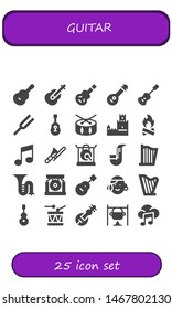 guitar icon set. 25 filled guitar icons.  Simple modern icons about  - Guitar, Electric Mandolin, Acoustic Diapason, Drum, Belem tower, Bonfire, Music, Trombone