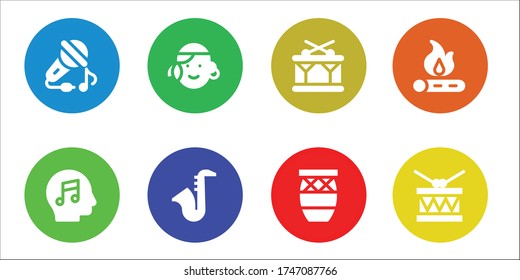guitar icon set. 8 filled guitar icons. Included Sing, Music, Portuguese, Saxophone, Drum, Conga, Bonfire icons