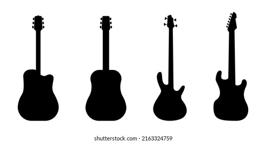 Guitar icon set. Acoustic and bass guitar. Guitar silhouette icon in black. Glyph pictogram. Stock vector illustration