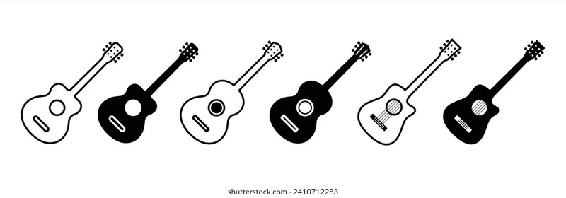 	
Juego de iconos de guitarra. guitarra acústica negra aislada. Colección de iconos de guitarra, ícono de guitarra línea clásica y contorno, ilustración vectorial.	