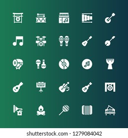 guitar icon set. Collection of 25 filled guitar icons included Piano, Accordion, Maracas, Bonfire, Gramophone, Gong, Guitar, Music stand, Kettledrum, Music, Drum, Banjo, Mandolin