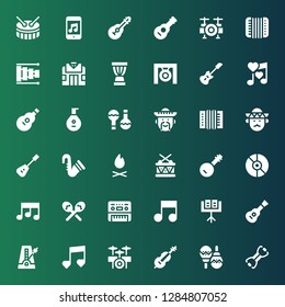 guitar icon set. Collection of 36 filled guitar icons included Bands, Maracas, Cello, Drum set, Music, Metronome, Guitar, Music stand, Piano, Banjo, Drum, Bonfire, Saxophone, Mandolin