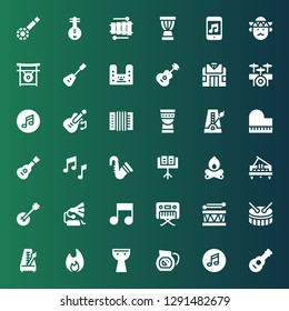 guitar icon set. Collection of 36 filled guitar icons included Guitar, Music, Sangria, Kettledrum, Bonfire, Metronome, Drum, Piano, Gramophone, Banjo, Music stand, Saxophone, Timpani