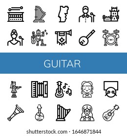guitar icon set. Collection of Drum, Singer, Harp, Music, Portugal, Trumpet, Banjo, Belem tower, Drum set, Hula, Accordion, Domra, Guitar, Hippie, Mathematician, Drums, Acoustic guitar icons