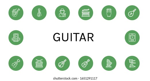 guitar icon set. Collection of Saxophone, Guitar, Musician, Drum, Conga, Lute, Double bass, Harp, Flamenco, Entertainment icons