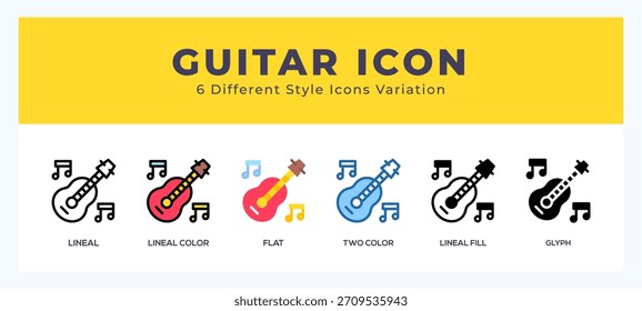 Ícone de guitarra com estilos diferentes. Ícones desenhados em. contorno. plano. glifo e linha coloridos.