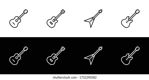 Guitar icon set. Flat design icon collection isolated on black and white background. Acoustic and electric guitar.