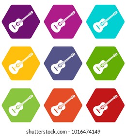 Guitar icon set many color hexahedron isolated on white vector illustration