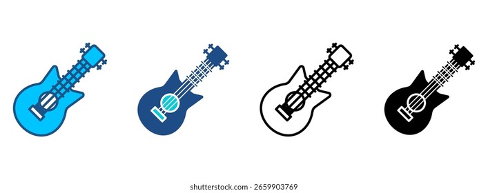 Conjunto de iconos de guitarra con múltiples estilos. Ilustración vectorial
