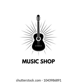 Guitar icon vector, Acoustic musical instrument. Music shop logo. Guitar in beams. Vector illustration.